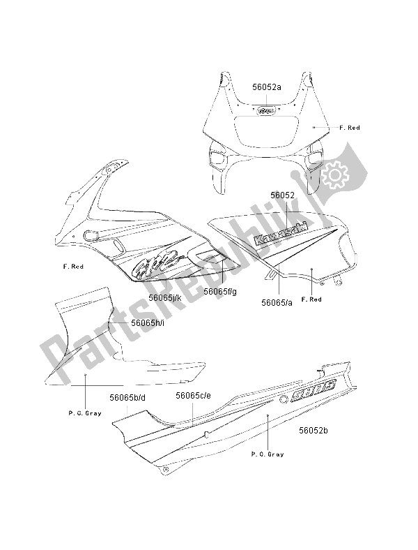 Tutte le parti per il Decalcomanie (rosso) del Kawasaki GPZ 500S 2002