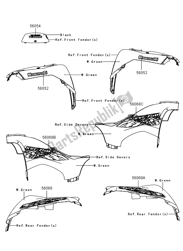 Todas las partes para Calcomanías (w Green) (eu, Uk) de Kawasaki KVF 750 4X4 2010