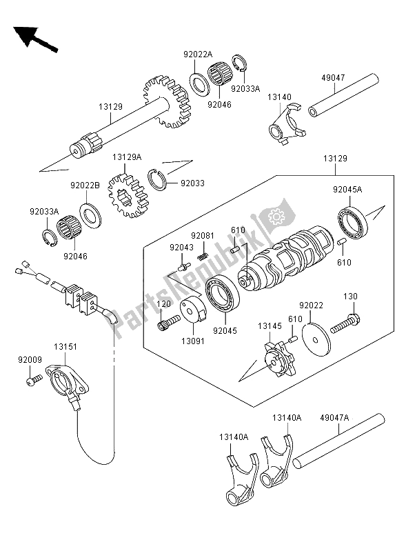 All parts for the Gear Change Drum & Shift Fork of the Kawasaki KLF 300 2003