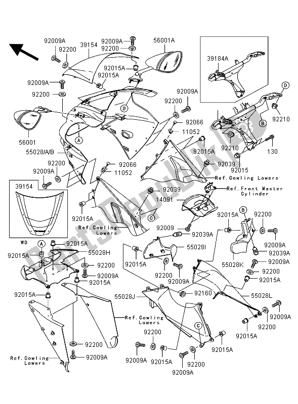 All parts for the Cowling of the Kawasaki Ninja ZX 12R 1200 2002