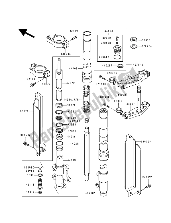 Alle onderdelen voor de Voorvork van de Kawasaki KDX 200 1993