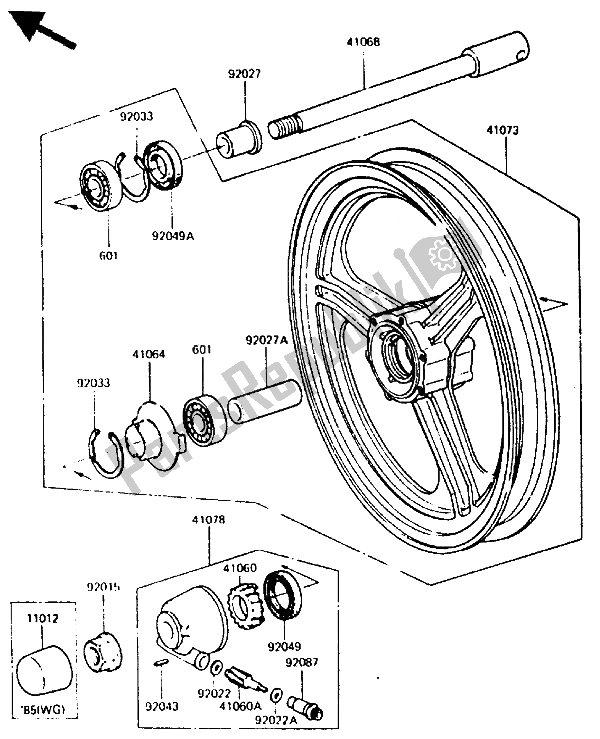 All parts for the Front Hub of the Kawasaki GPZ 750 1987