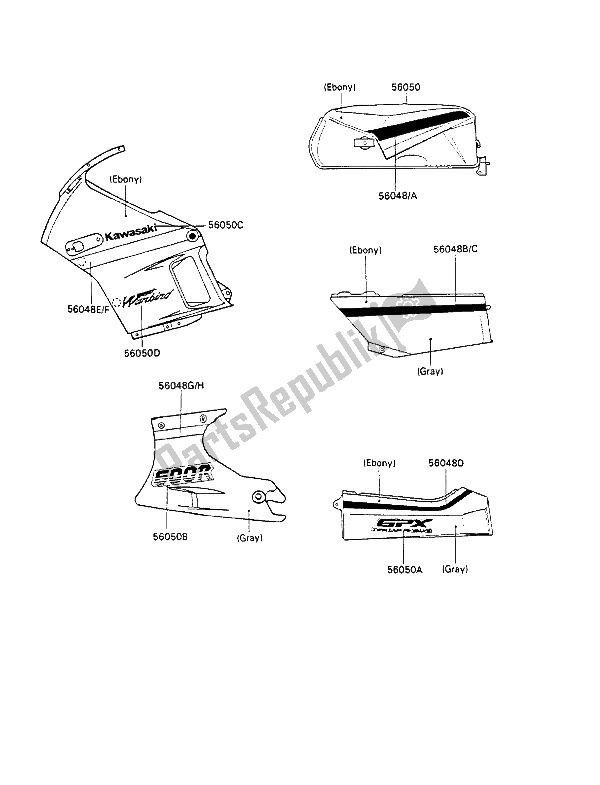 All parts for the Decals (ebony - Bronze-guns) of the Kawasaki GPX 600R 1989