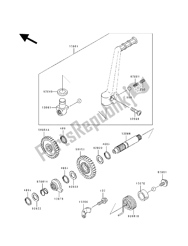 All parts for the Kickstarter Mechanism of the Kawasaki KX 125 1992