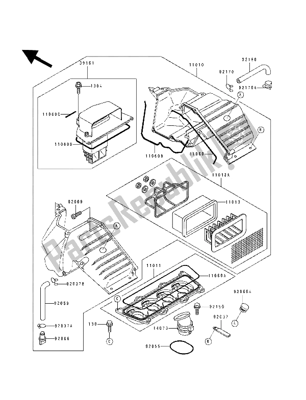 Alle onderdelen voor de Luchtfilter van de Kawasaki ZXR 400 1993 Alle onderdelen voor de Luchtfilter van de Kawasaki ZXR 400 1993
