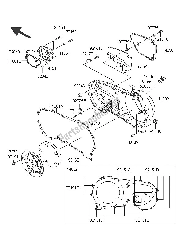 All parts for the Right Enige Cover of the Kawasaki VN 1600 Mean Streak 2005