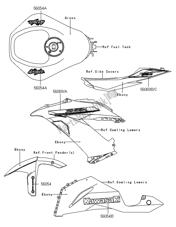 Tutte le parti per il Decalcomanie (verde) del Kawasaki Ninja ZX 6R ABS 600 2014