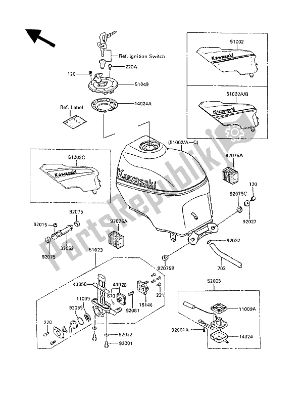 All parts for the Fuel Tank of the Kawasaki GPZ 600R 1988