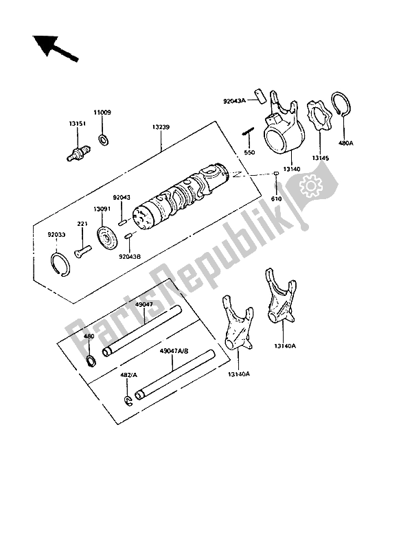 All parts for the Gear Change Drum & Shift Fork(s) of the Kawasaki GPZ 550 1988