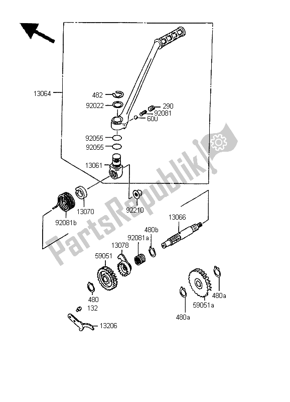 All parts for the Kickstarter Mechanism of the Kawasaki KMX 125 LW 1995