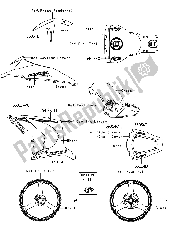 Tutte le parti per il Decalcomanie (verde) del Kawasaki Ninja ZX 10R ABS 1000 2014