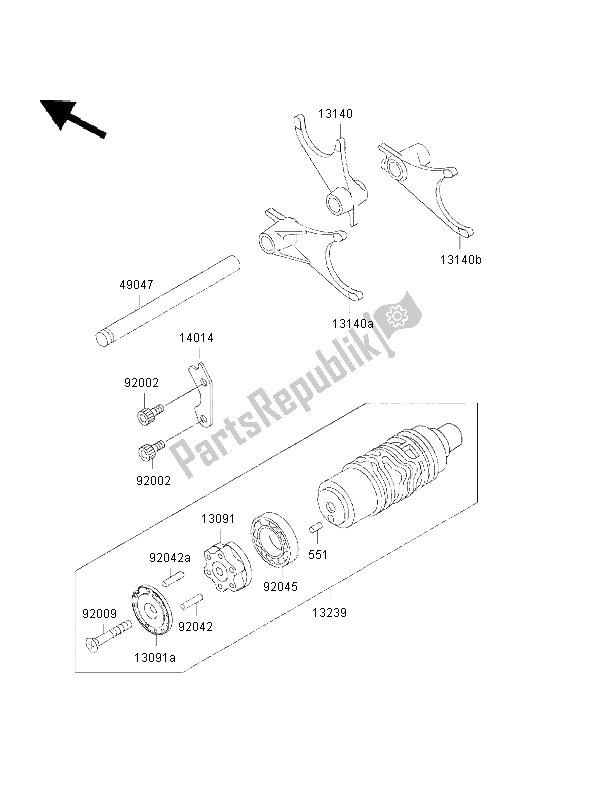 Alle onderdelen voor de Versnelling Veranderen Drum & Schakelvork van de Kawasaki 1000 GTR 2002