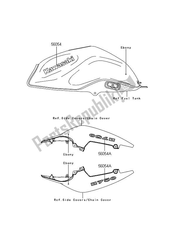 Todas as partes de Decalques (ébano) do Kawasaki Z 750 2008