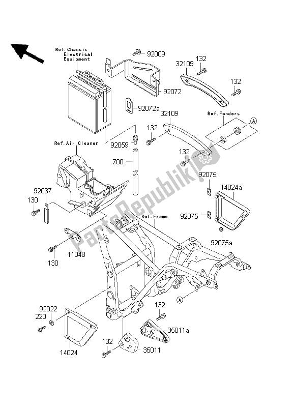 All parts for the Battery Case of the Kawasaki EL 252 2001