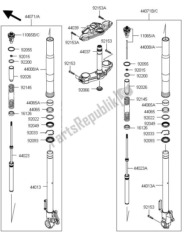 All parts for the Front Fork of the Kawasaki Versys 1000 2012