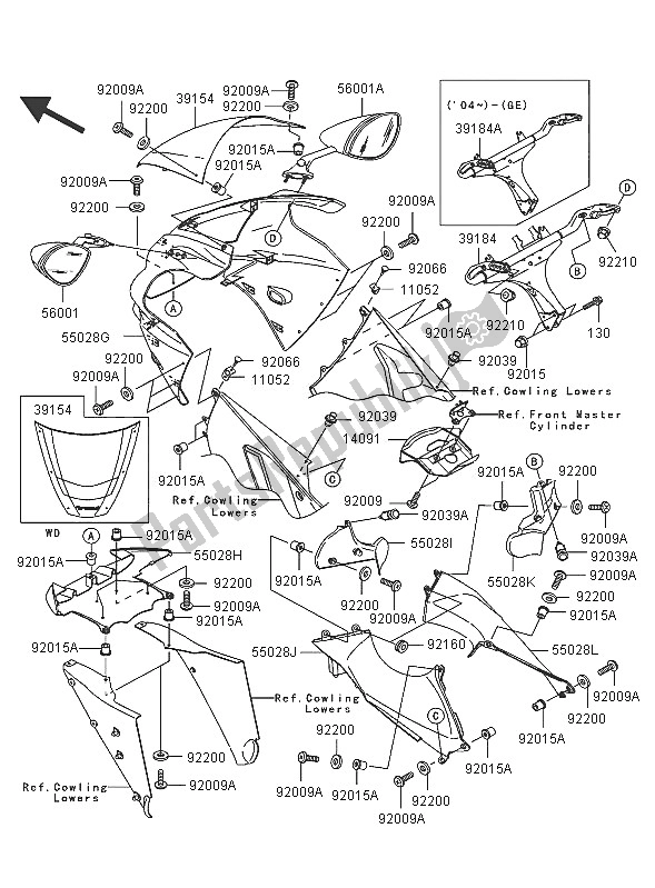 Alle onderdelen voor de Motorkap van de Kawasaki Ninja ZX 12R 1200 2005