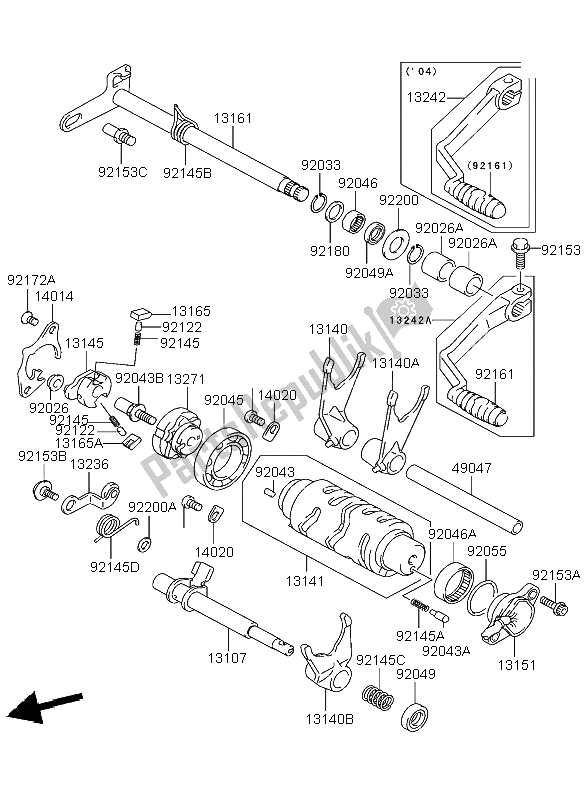 All parts for the Gear Change Mechanism of the Kawasaki KFX 400 2004