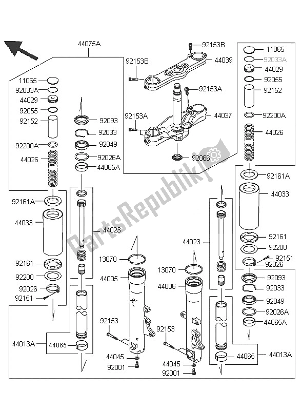 Alle onderdelen voor de Voorvork van de Kawasaki VN 2000 2005