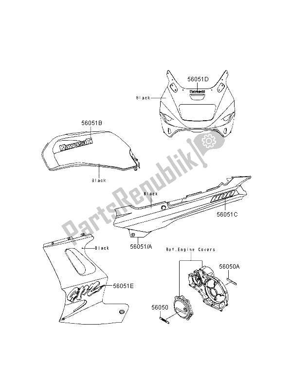 Alle onderdelen voor de Stickers (zwart) van de Kawasaki GPZ 1100 1998