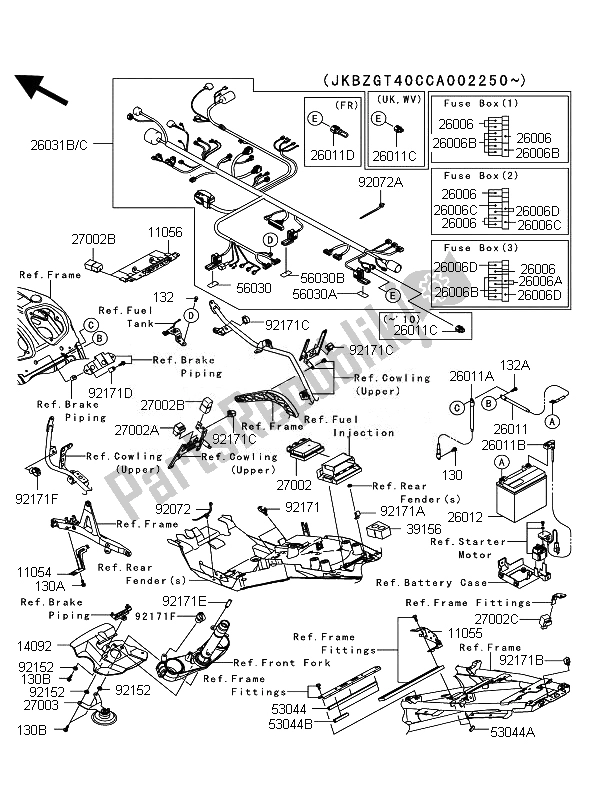 All parts for the Chassis Electrical Equipment (jkbzgt40cca002250 ) of the Kawasaki 1400 GTR ABS 2011