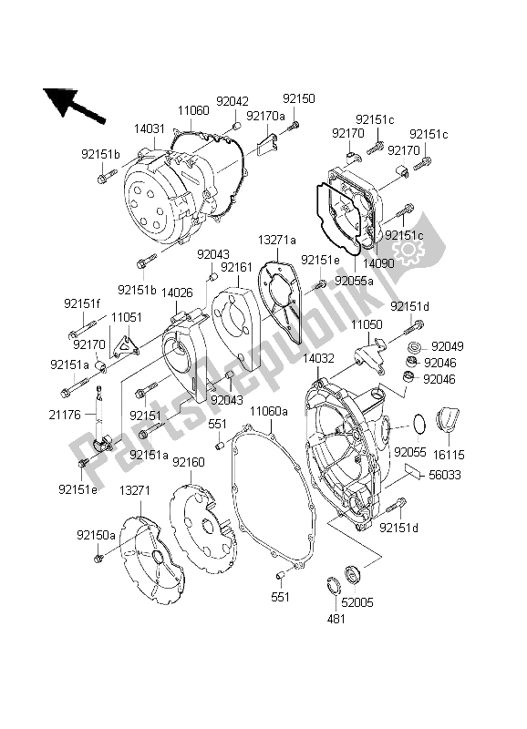 All parts for the Engine Cover of the Kawasaki Ninja ZX 9R 900 2001