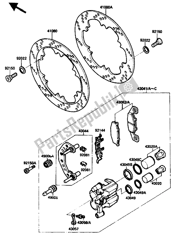 All parts for the Front Caliper of the Kawasaki ZX 10 1000 1988