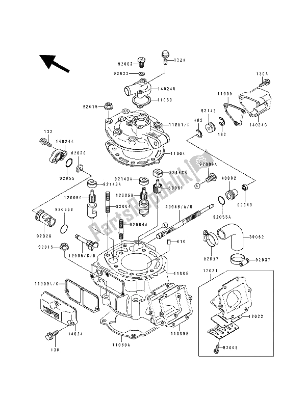 Alle onderdelen voor de Cilinderkop & Cilinder van de Kawasaki KDX 200 1991