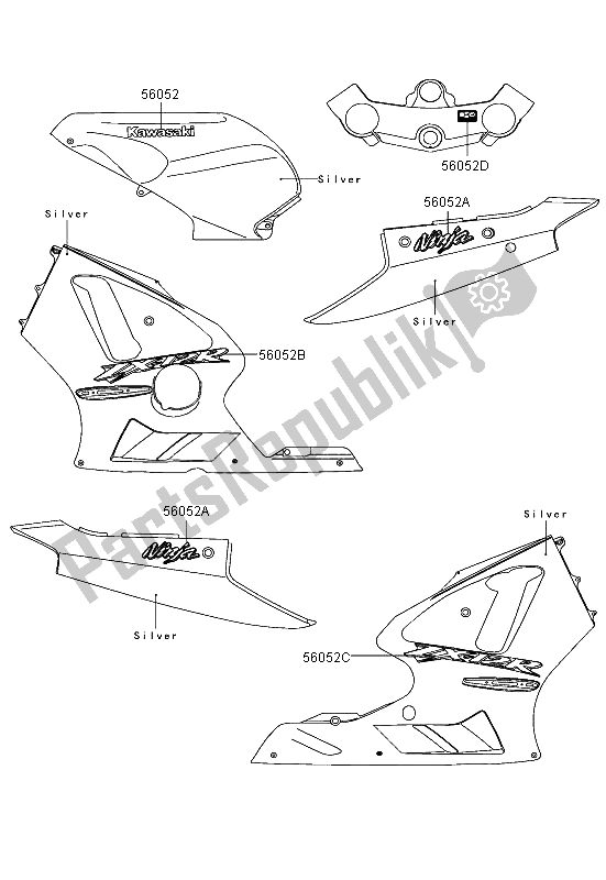 Alle onderdelen voor de Stickers (zilver) van de Kawasaki Ninja ZX 12R 1200 2004