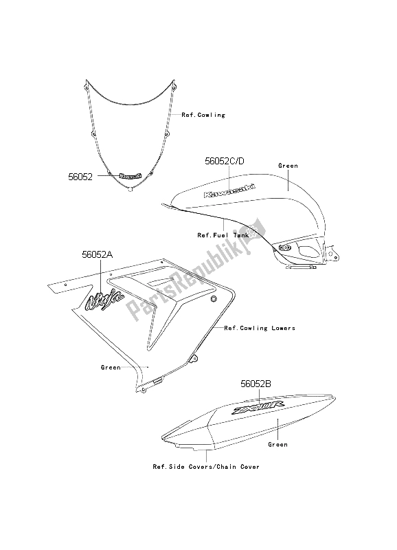 All parts for the Decals (green) of the Kawasaki Ninja ZX 10 RR 1000 2004