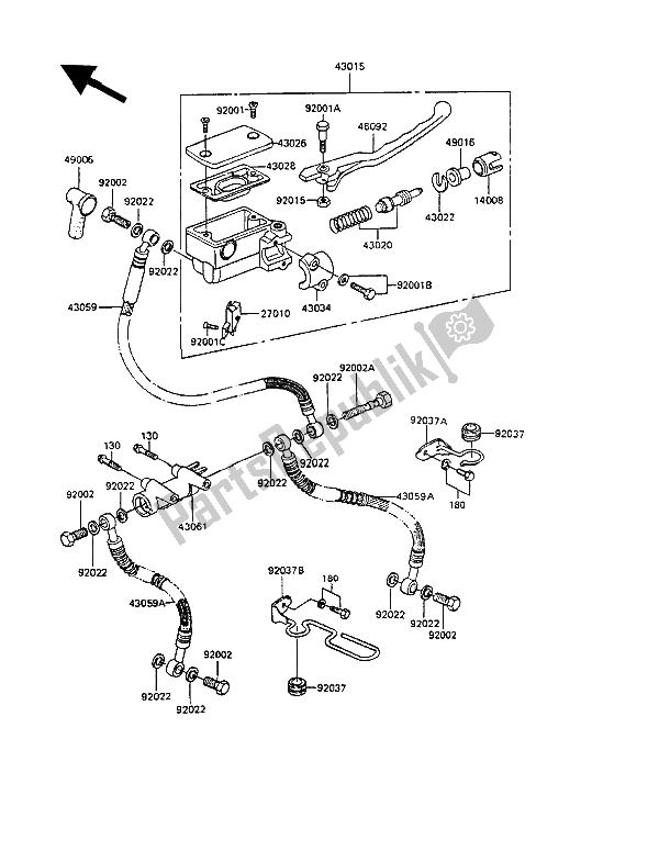 All parts for the Front Master Cylinder of the Kawasaki GPZ 305 Belt Drive 1989