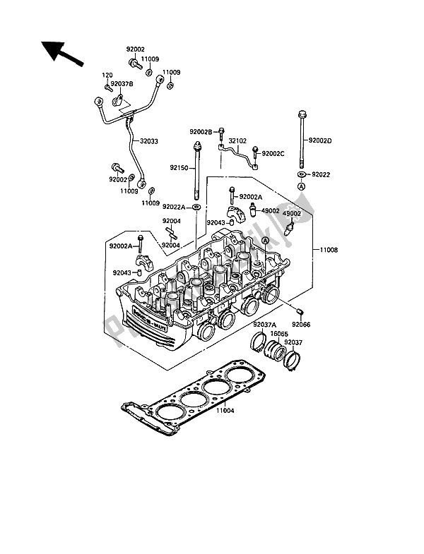 All parts for the Cylinder Head of the Kawasaki 1000 GTR 1991