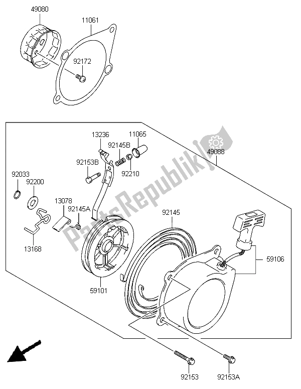 Alle onderdelen voor de Terugloopstarter van de Kawasaki KFX 50 2006