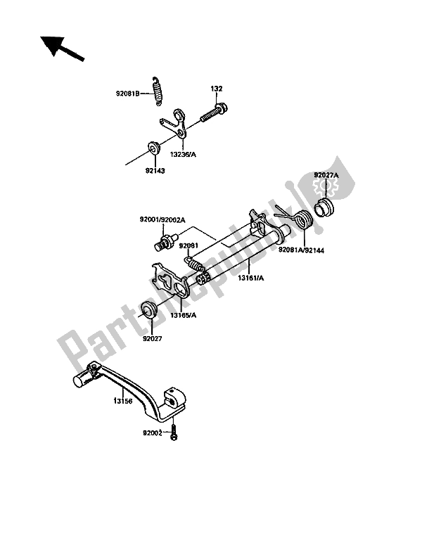 All parts for the Gear Change Mechanism of the Kawasaki KDX 200 1987