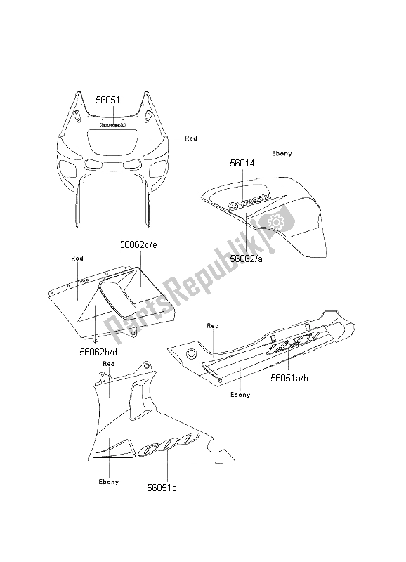 Tutte le parti per il Decalcomanie (rosso Ebano) del Kawasaki ZZ R 600 1999