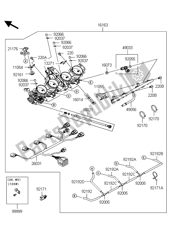Alle onderdelen voor de Gas Geven van de Kawasaki 1400 GTR ABS 2012