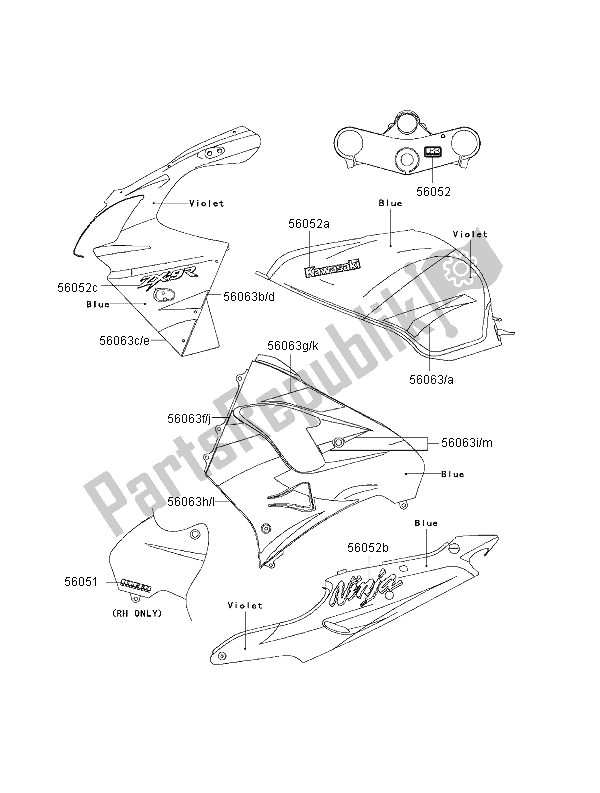 Alle onderdelen voor de Stickers (violet-blauw) van de Kawasaki Ninja ZX 9R 900 2000