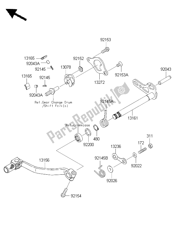 All parts for the Gear Change Mechanism of the Kawasaki KX 250F 2015