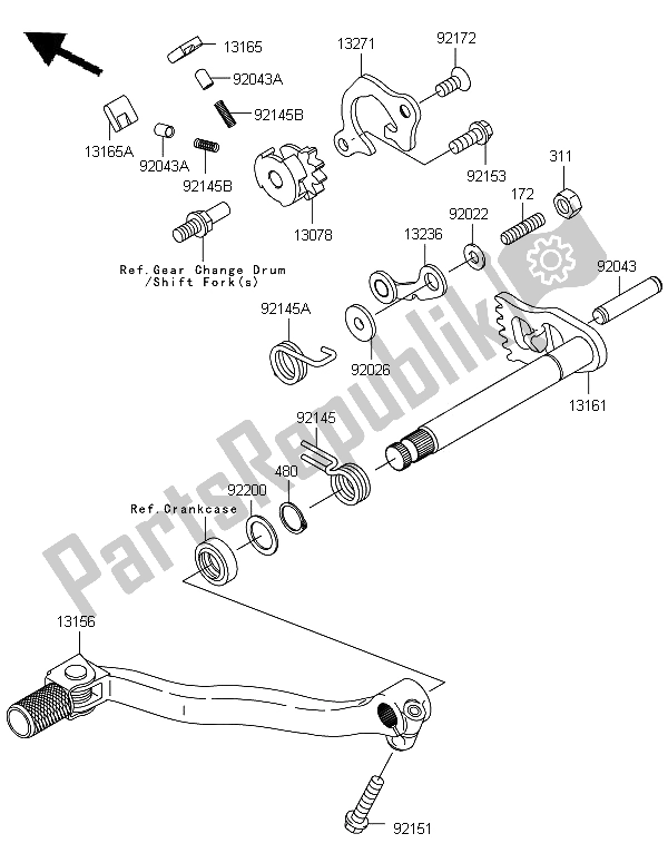 All parts for the Gear Change Mechanism of the Kawasaki KX 250F 2006