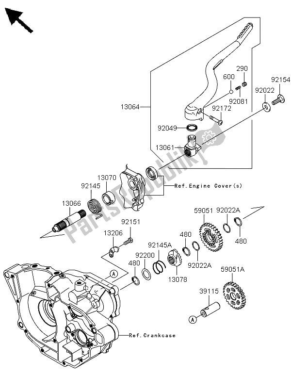 All parts for the Kickstarter Mechanism of the Kawasaki KX 250F 2009