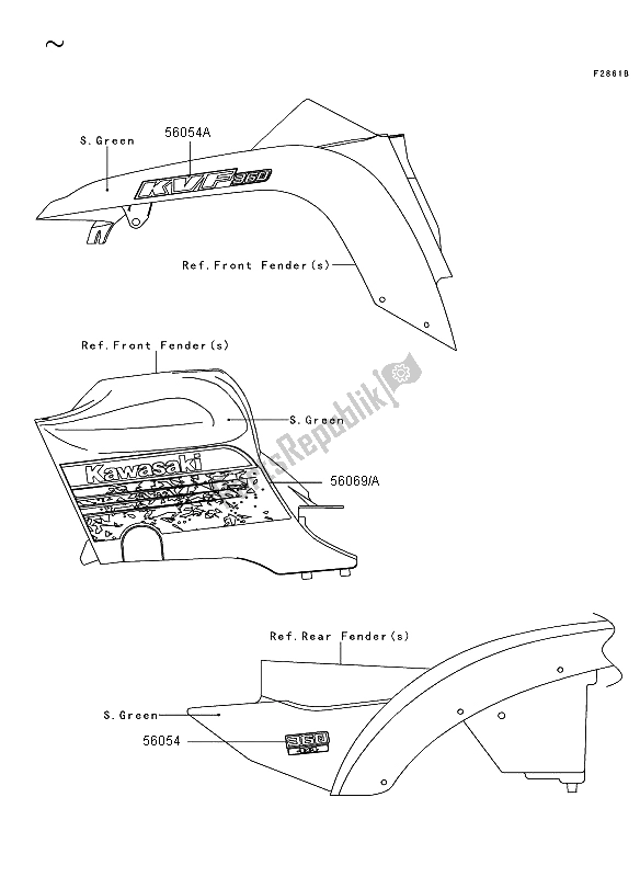 All parts for the Decals (s. Green) of the Kawasaki KVF 360 4X4 2012