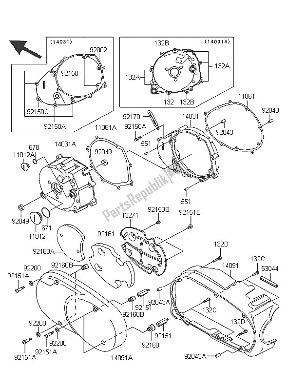 All parts for the Left Enige Cover of the Kawasaki VN 1600 Mean Streak 2005