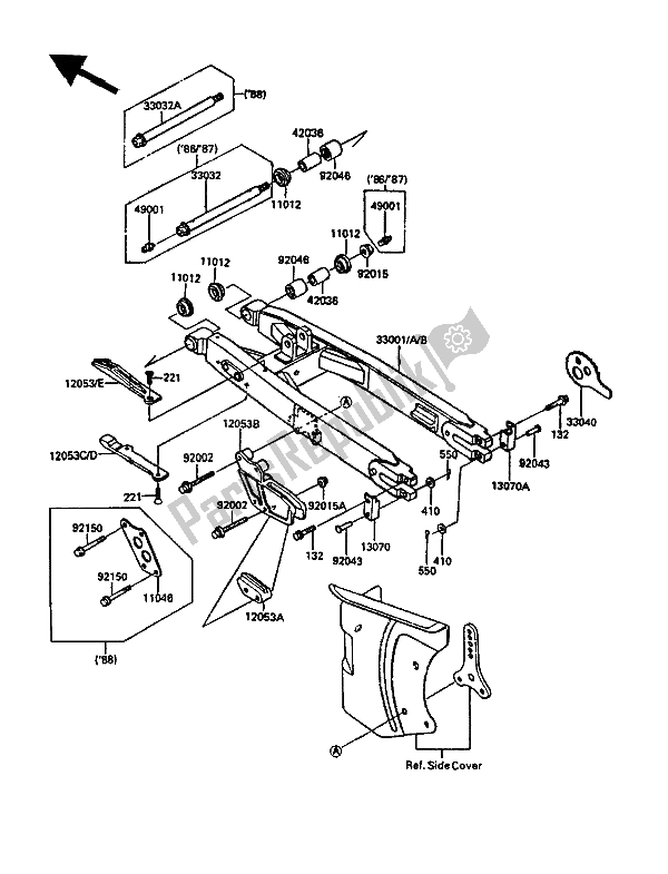 Alle onderdelen voor de Achterbrug van de Kawasaki KDX 200 1987