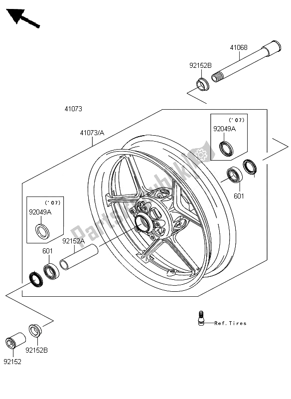 All parts for the Front Hub of the Kawasaki Ninja ZX 6R 600 2007