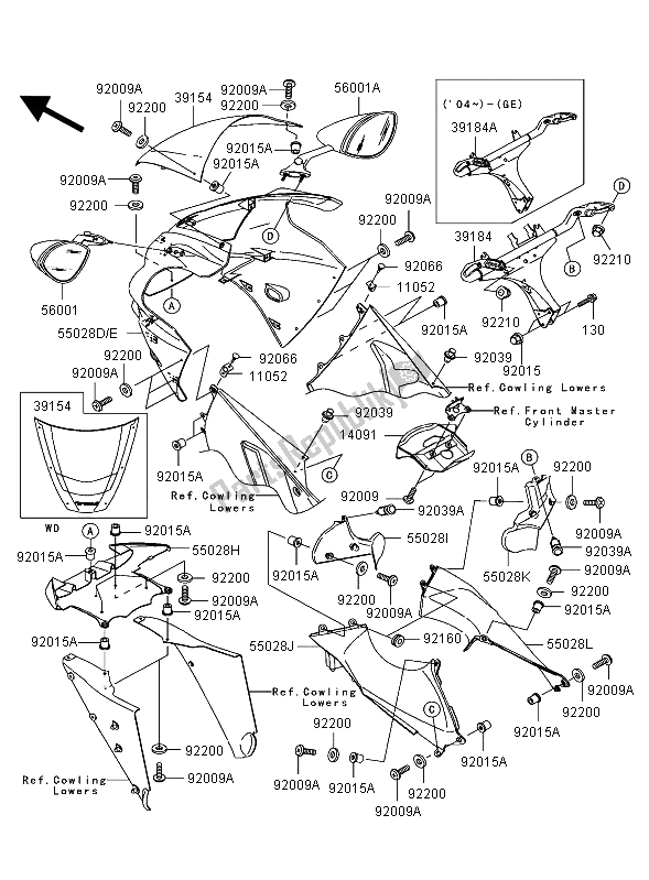 Alle onderdelen voor de Motorkap van de Kawasaki Ninja ZX 12R 1200 2004