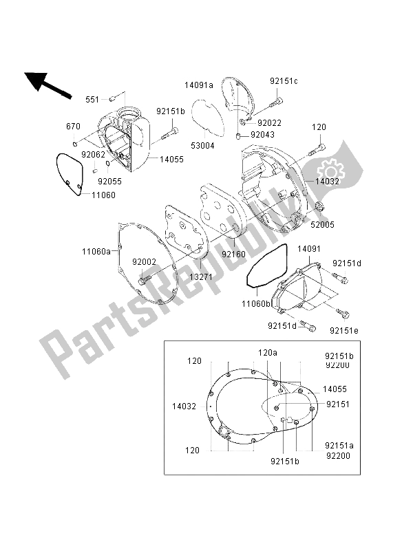 All parts for the Right Engine Cover of the Kawasaki W 650 2002