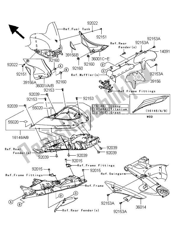 Toutes les pièces pour le Couvercles Latéraux Et Couvre Chaîne du Kawasaki Ninja ZX 10R 1000 2006