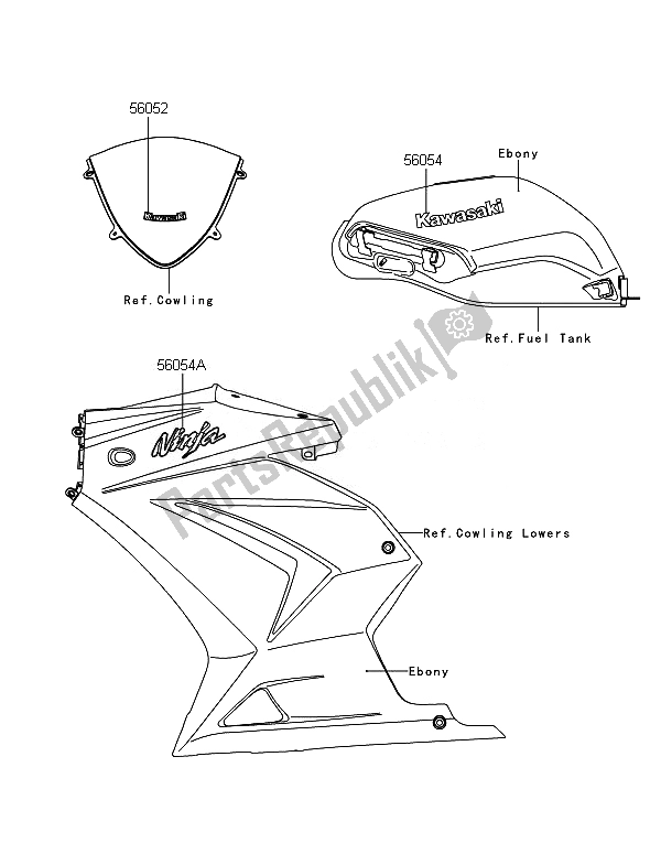 Tutte le parti per il Decalcomanie (ebano) del Kawasaki Ninja 250R 2011