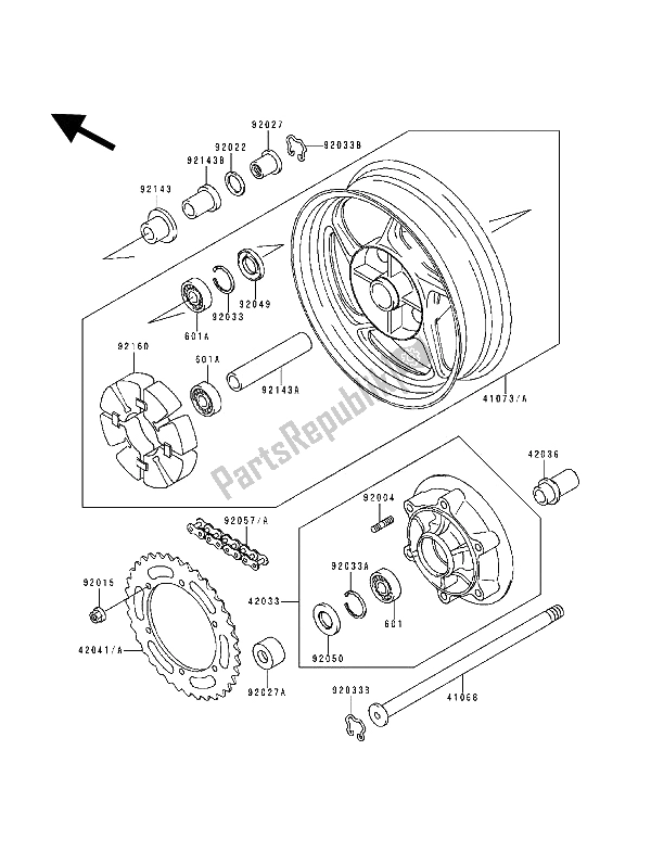 All parts for the Rear Hub of the Kawasaki Zephyr 1100 1992