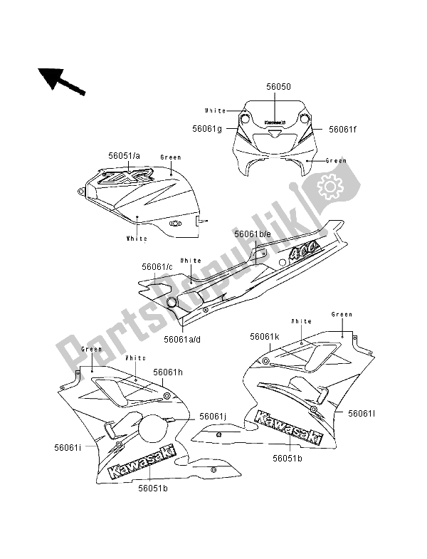 Alle onderdelen voor de Stickers (groen-wit) van de Kawasaki ZXR 400 1999