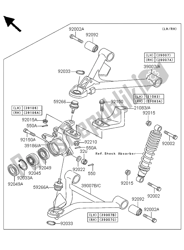 Alle onderdelen voor de Voorvering van de Kawasaki KLF 300 4X4 2004